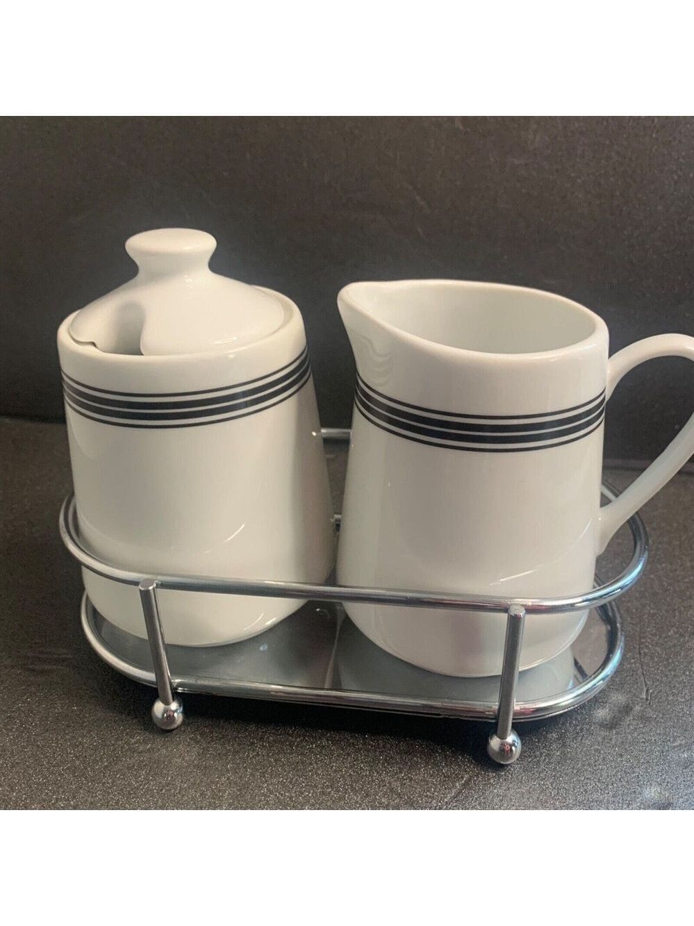 Pottery Barn Creamer and Sugar Set with Metal Tray 5”x6.5”